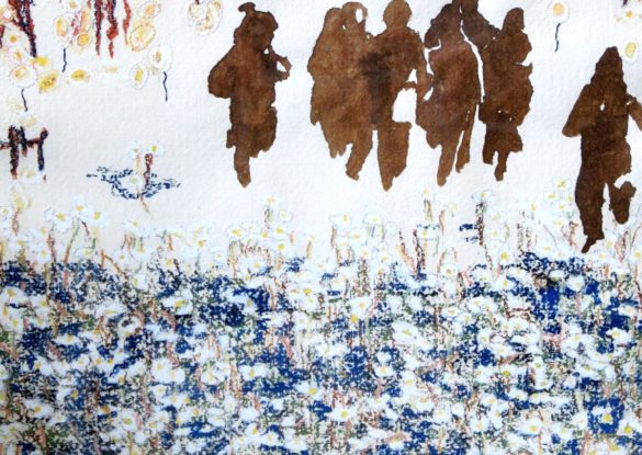 'Nomadenkinderen op de hoogvlakte van Fez', 43x54cm Gemengde techniek: bister, pastel en borduurzijde op handgeschept papier. (sold)