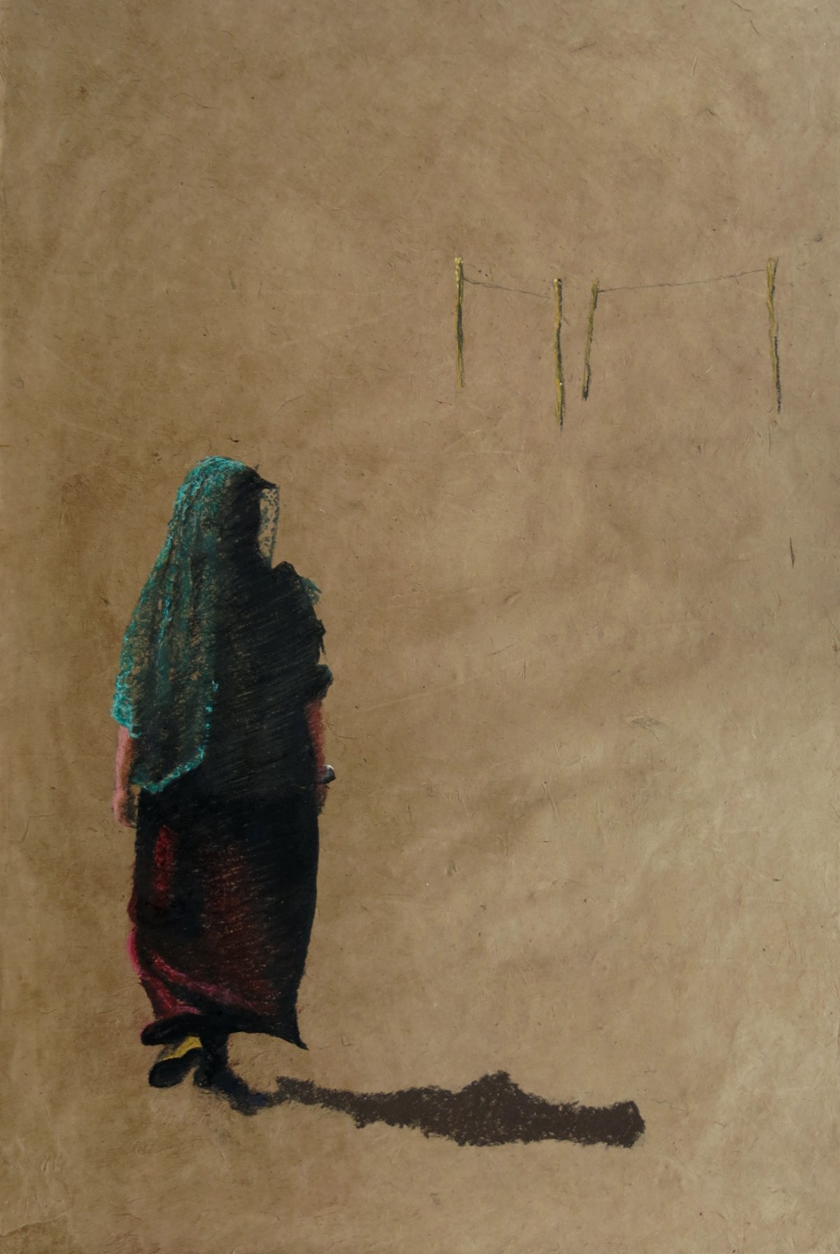 Serie Onderweg 'Vrouw in rivierbedding' 52x76cm pastel op geschept papier. (sold)