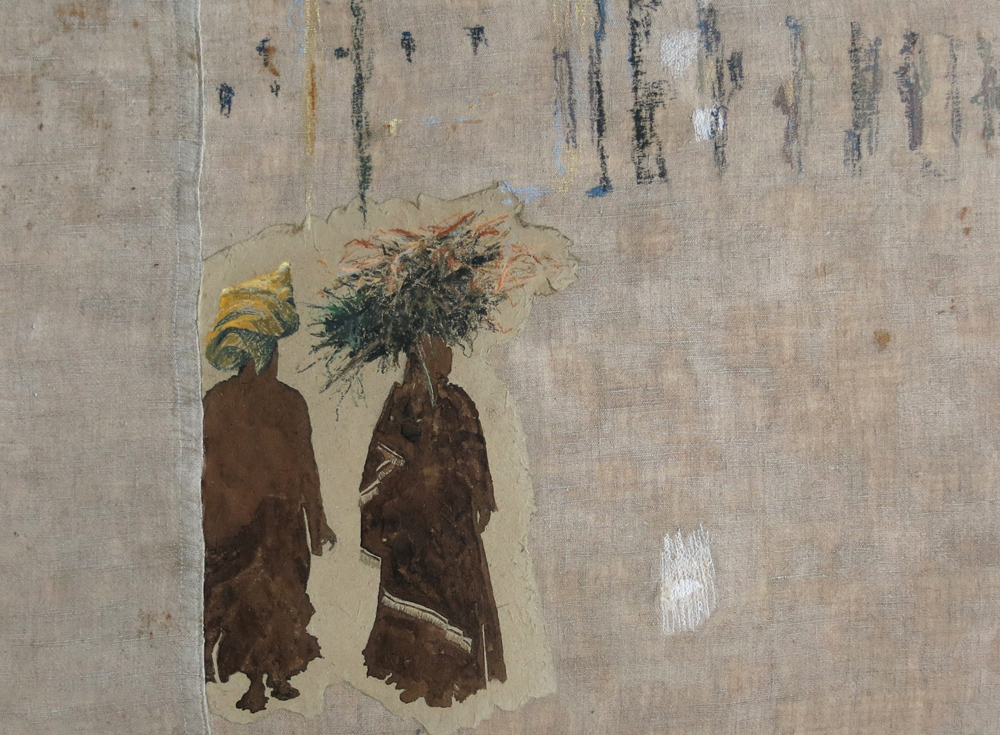 'Dragende vrouwen Rissani III', 40x60cm, Gemengde techniek: pastel, bister en papier op oud handgeweven linnen. (sold)